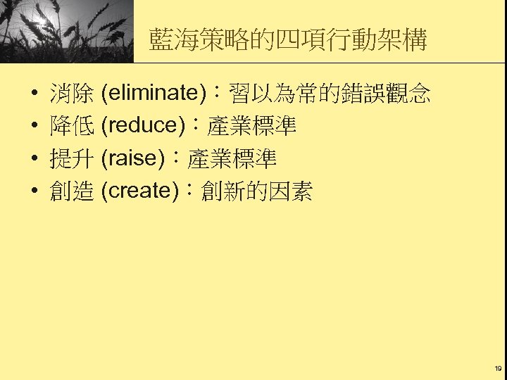 藍海策略的四項行動架構 • • 消除 (eliminate)：習以為常的錯誤觀念 降低 (reduce)：產業標準 提升 (raise)：產業標準 創造 (create)：創新的因素 19 