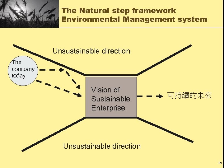 The Natural step framework Environmental Management system Unsustainable direction The company today Vision of