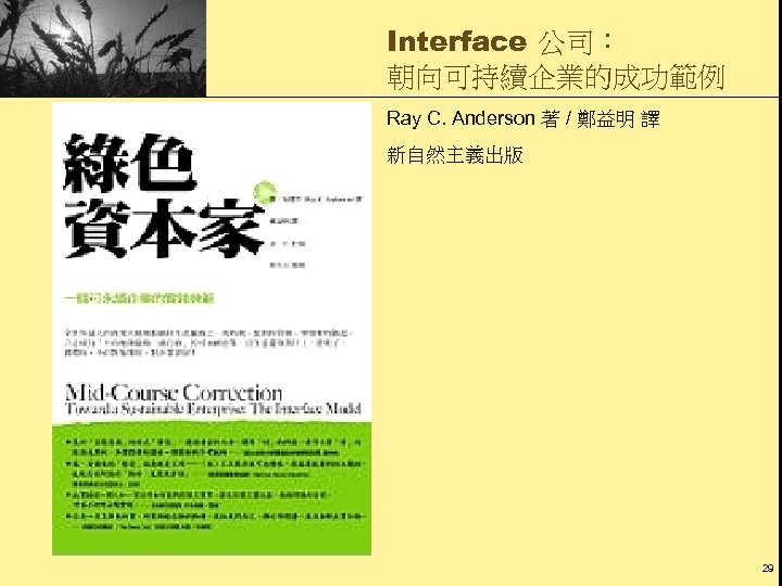 Interface 公司： 朝向可持續企業的成功範例 Ray C. Anderson 著 / 鄭益明 譯 新自然主義出版 29 