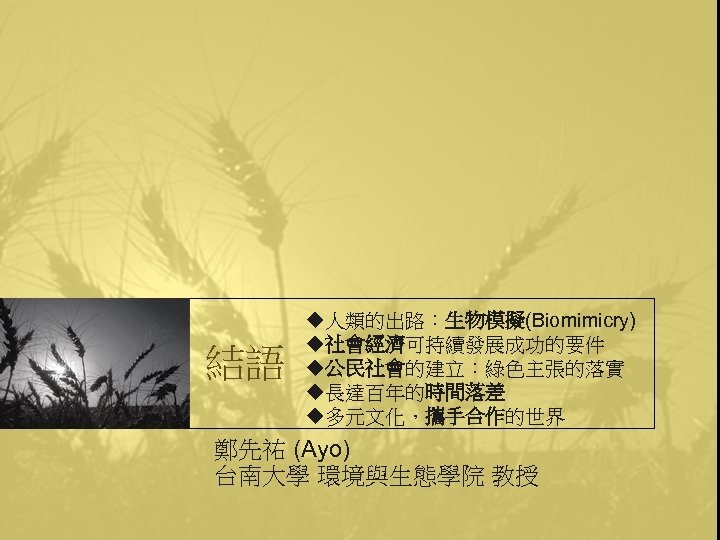 結語 u人類的出路：生物模擬(Biomimicry) u社會經濟可持續發展成功的要件 u公民社會的建立：綠色主張的落實 u長達百年的時間落差 u多元文化，攜手合作的世界 鄭先祐 (Ayo) 台南大學 環境與生態學院 教授 
