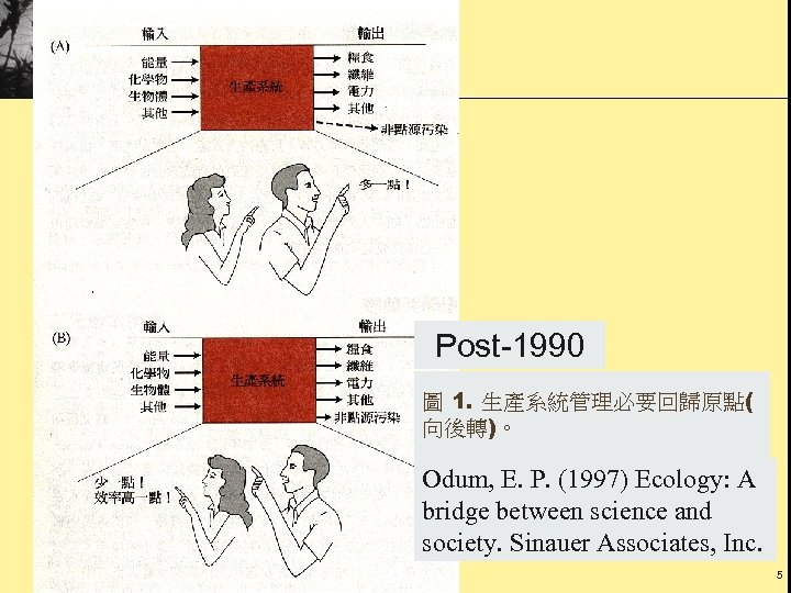 Post-1990 圖 1. 生產系統管理必要回歸原點( 向後轉)。 Odum, E. P. (1997) Ecology: A bridge between science