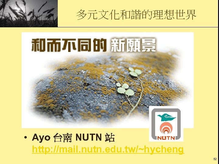 多元文化和諧的理想世界 • Ayo 台南 NUTN 站 http: //mail. nutn. edu. tw/~hycheng 52 