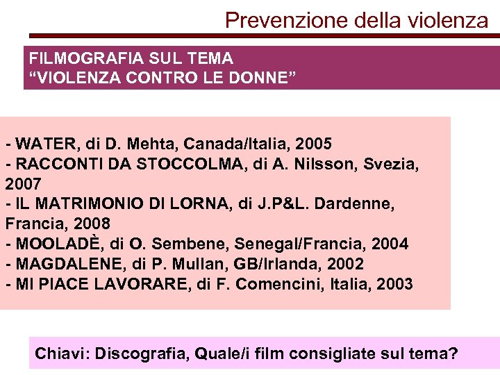 Prevenzione della violenza FILMOGRAFIA SUL TEMA “VIOLENZA CONTRO LE DONNE” - WATER, di D.