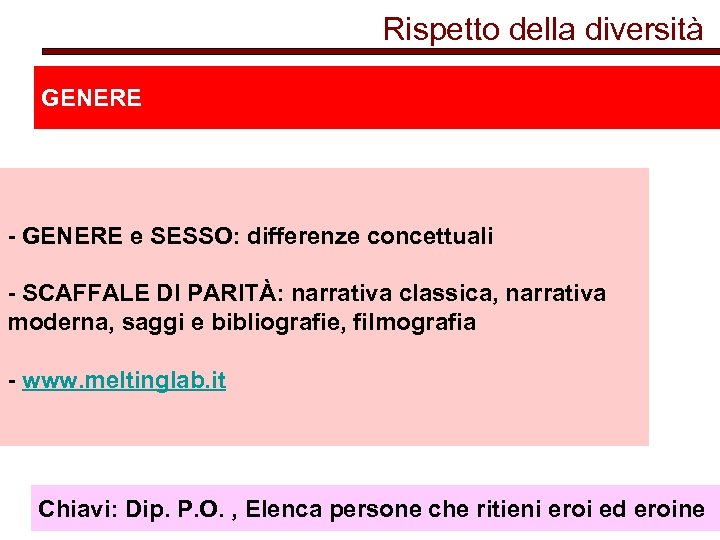 Rispetto della diversità GENERE - GENERE e SESSO: differenze concettuali - SCAFFALE DI PARITÀ: