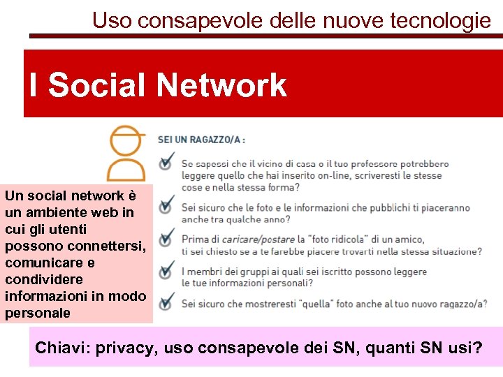 Uso consapevole delle nuove tecnologie I Social Network Un social network è un ambiente