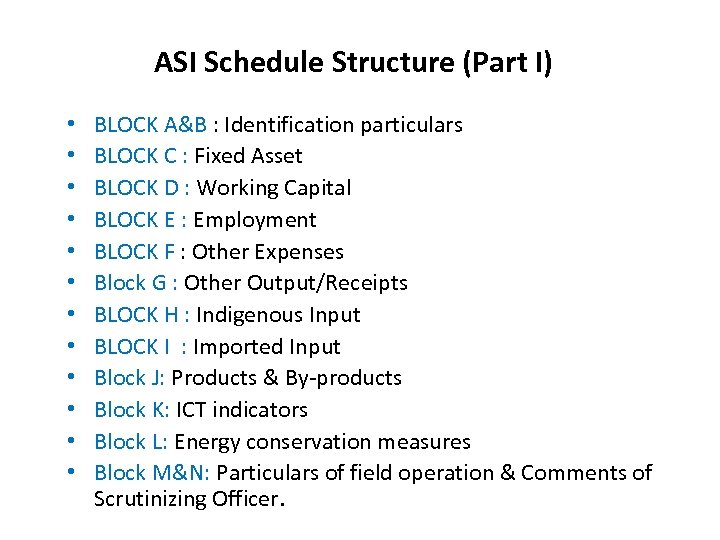 ASI Schedule Structure (Part I) • • • BLOCK A&B : Identification particulars BLOCK