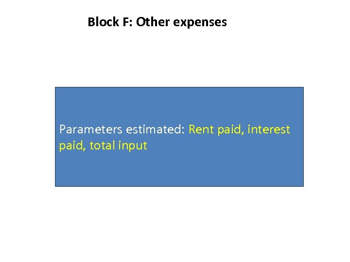 Block F: Other expenses Parameters estimated: Rent paid, interest paid, total input 