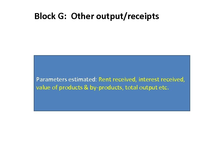 Block G: Other output/receipts Parameters estimated: Rent received, interest received, value of products &