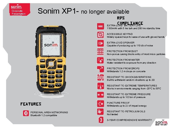 Corporate Presentation Sonim XP 1 - no longer available RPS COMPLIANCE EXTRA-LONG BATTERY LIFE