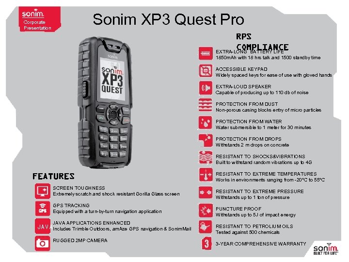Sonim XP 3 Quest Pro Corporate Presentation RPS COMPLIANCE EXTRA-LONG BATTERY LIFE 1850 m.