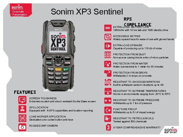 Sonim XP 3 Sentinel Corporate Presentation RPS COMPLIANCE EXTRA-LONG BATTERY LIFE 1850 m. Ah