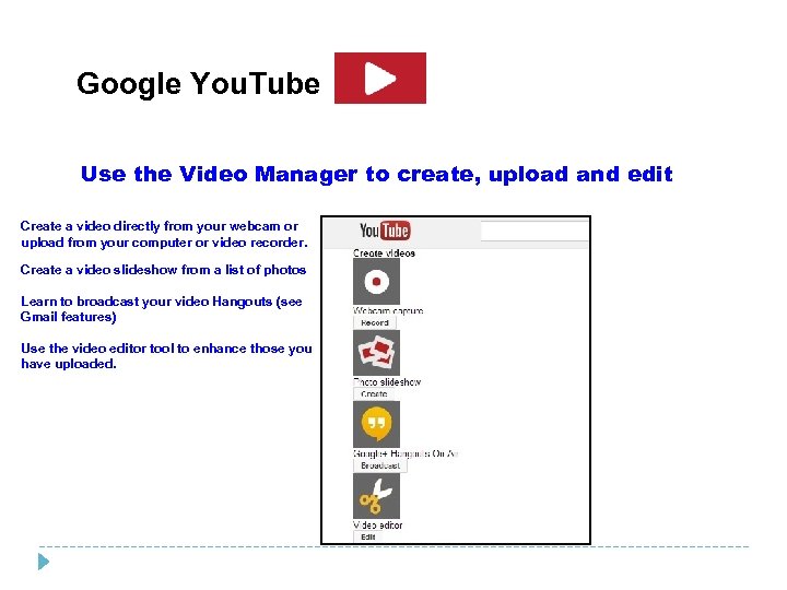 Google You. Tube Use the Video Manager to create, upload and edit Create a
