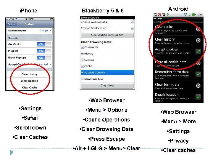 i. Phone Blackberry 5 & 6 Android • Web Browser • Settings • Menu