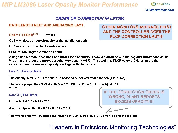 MIP LM 3086 Laser Opacity Monitor Performance www. cemtrex. com ORDER OF CORRECTION IN