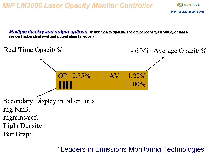 MIP LM 3086 Laser Opacity Monitor Controller www. cemtrex. com Multiple display and output