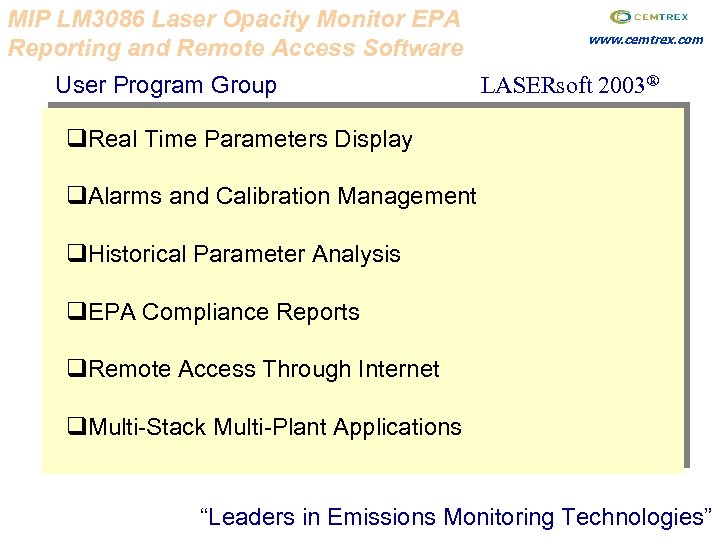 MIP LM 3086 Laser Opacity Monitor EPA Reporting and Remote Access Software User Program