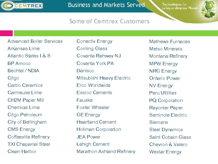 Business and Markets Served Some of Cemtrex Customers Advanced Boiler Services Conectiv Energy Mathews
