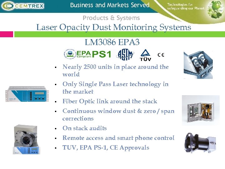 Business and Markets Served Products & Systems Laser Opacity Dust Monitoring Systems LM 3086