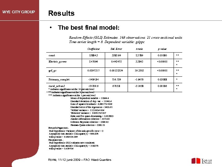 WYE CITY GROUP Results • The best final model: Random-Effects (GLS) Estimates. 168 observations.