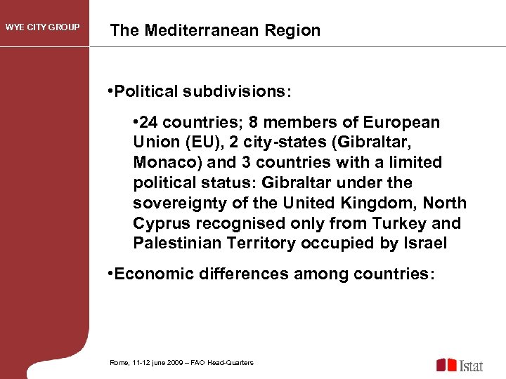 WYE CITY GROUP The Mediterranean Region • Political subdivisions: • 24 countries; 8 members