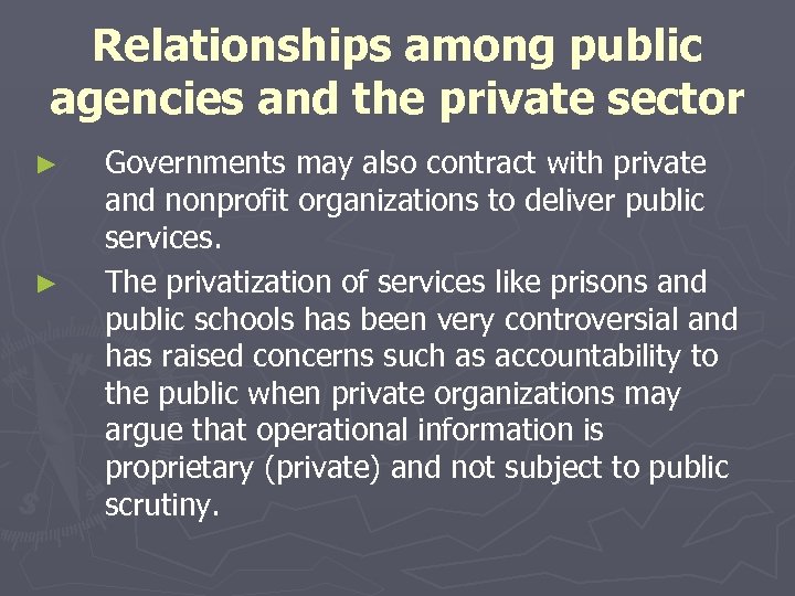 Relationships among public agencies and the private sector ► ► Governments may also contract