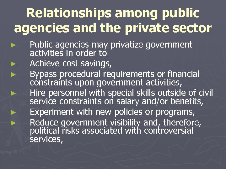 Relationships among public agencies and the private sector ► ► ► Public agencies may