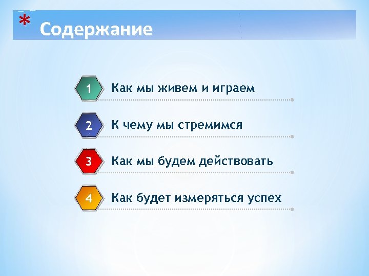 * Содержание 1 Как мы живем и играем 2 К чему мы стремимся 3