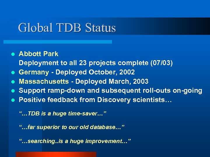 Global TDB Status l l l Abbott Park Deployment to all 23 projects complete