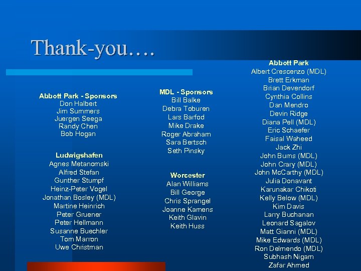 Thank-you…. Abbott Park - Sponsors Don Halbert Jim Summers Juergen Seega Randy Chen Bob