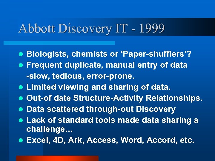 Abbott Discovery IT - 1999 l l l l Biologists, chemists or ‘Paper-shufflers’? Frequent