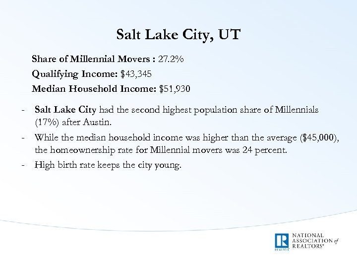 Salt Lake City, UT Share of Millennial Movers : 27. 2% Qualifying Income: $43,
