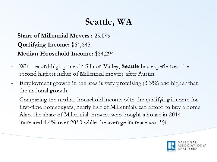Seattle, WA Share of Millennial Movers : 29. 0% Qualifying Income: $64, 645 Median