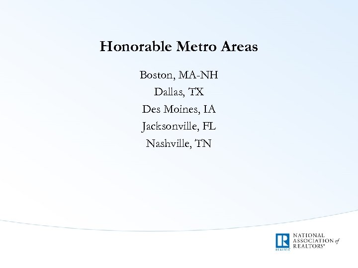 Honorable Metro Areas Boston, MA-NH Dallas, TX Des Moines, IA Jacksonville, FL Nashville, TN
