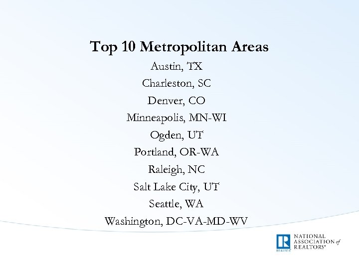 Top 10 Metropolitan Areas Austin, TX Charleston, SC Denver, CO Minneapolis, MN-WI Ogden, UT