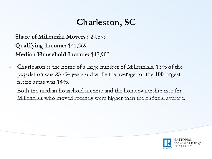 Charleston, SC Share of Millennial Movers : 24. 5% Qualifying Income: $41, 369 Median