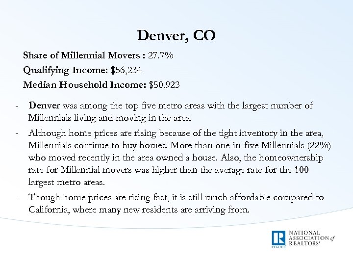 Denver, CO Share of Millennial Movers : 27. 7% Qualifying Income: $56, 234 Median