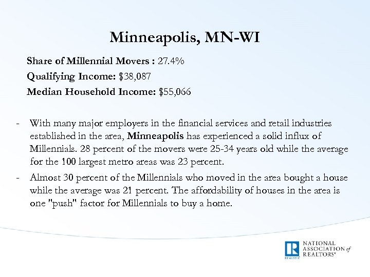 Minneapolis, MN-WI Share of Millennial Movers : 27. 4% Qualifying Income: $38, 087 Median