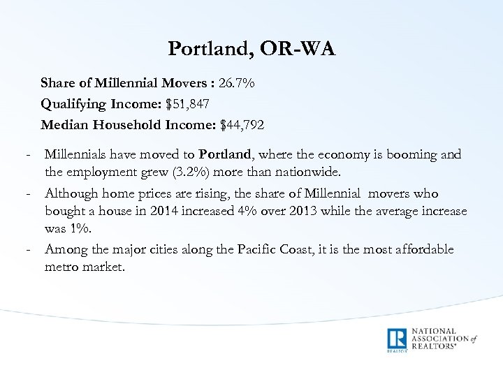 Portland, OR-WA Share of Millennial Movers : 26. 7% Qualifying Income: $51, 847 Median