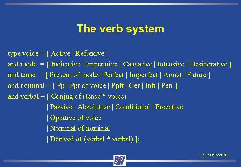 The verb system type voice = [ Active | Reflexive ] and mode =