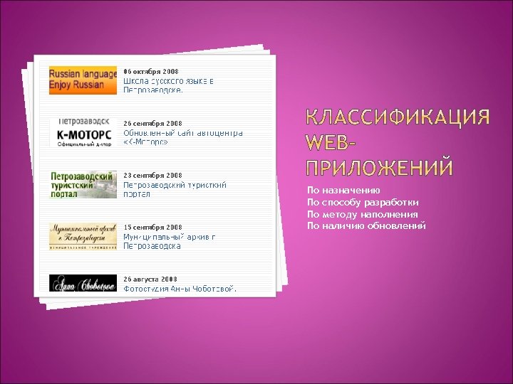 По По назначению способу разработки методу наполнения наличию обновлений 