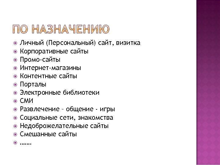  Личный (Персональный) сайт, визитка Корпоративные сайты Промо-сайты Интернет-магазины Контентные сайты Порталы Электронные библиотеки
