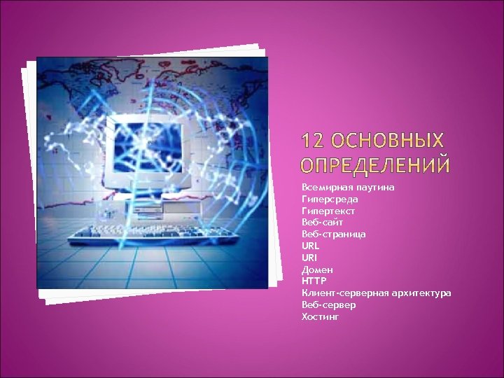 Всемирная паутина Гиперсреда Гипертекст Веб-сайт Веб-страница URL URI Домен HTTP Клиент-серверная архитектура Веб-сервер Хостинг