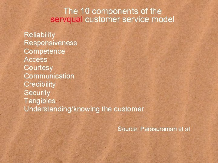 The 10 components of the servqual customer service model Reliability Responsiveness Competence Access Courtesy