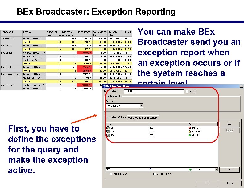 BEx Broadcaster: Exception Reporting You can make BEx Broadcaster send you an exception report