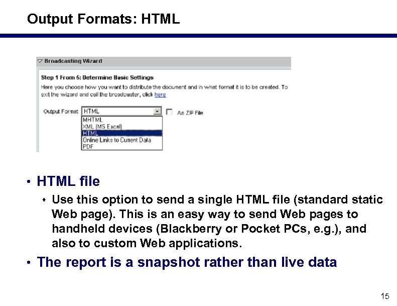 Output Formats: HTML • HTML file s Use this option to send a single
