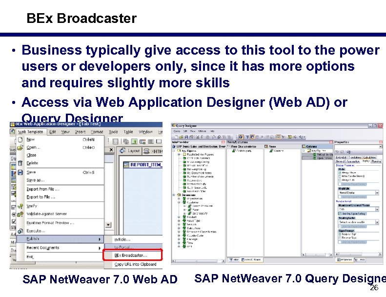 BEx Broadcaster • Business typically give access to this tool to the power users