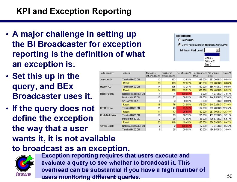 KPI and Exception Reporting • A major challenge in setting up the BI Broadcaster