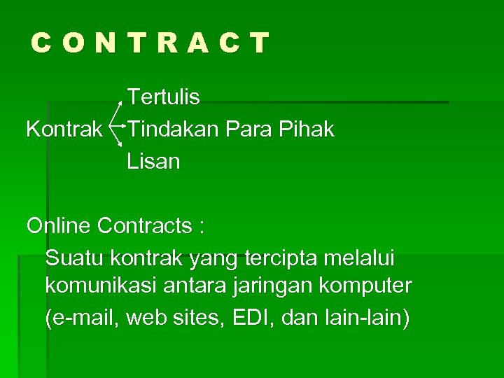 CONTRACT Kontrak Tertulis Tindakan Para Pihak Lisan Online Contracts : Suatu kontrak yang tercipta