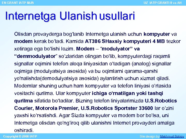 EN GRANT IATP II&IS UZ IATP GRANTI II va AH Internetga Ulanish usullari Olisdan