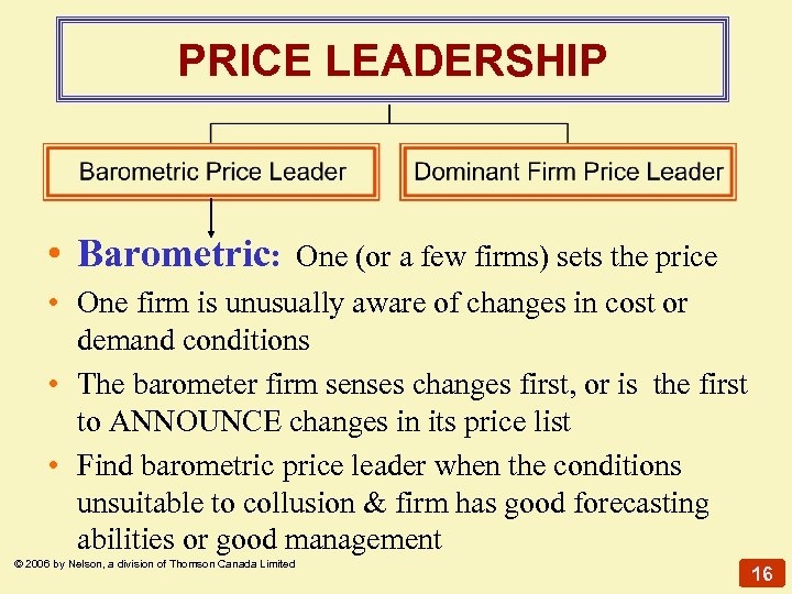 PRICE LEADERSHIP • Barometric: One (or a few firms) sets the price • One